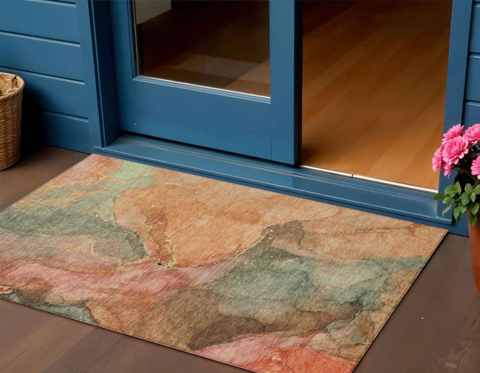 3' X 5' Coral Brown And Mint Green Abstract Washable Indoor Outdoor Area Rug