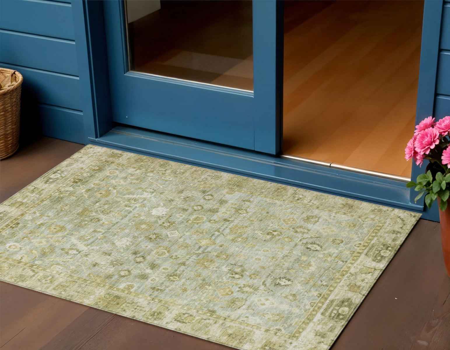3' X 5' Sage And Ivory Oriental Washable Indoor Outdoor Area Rug