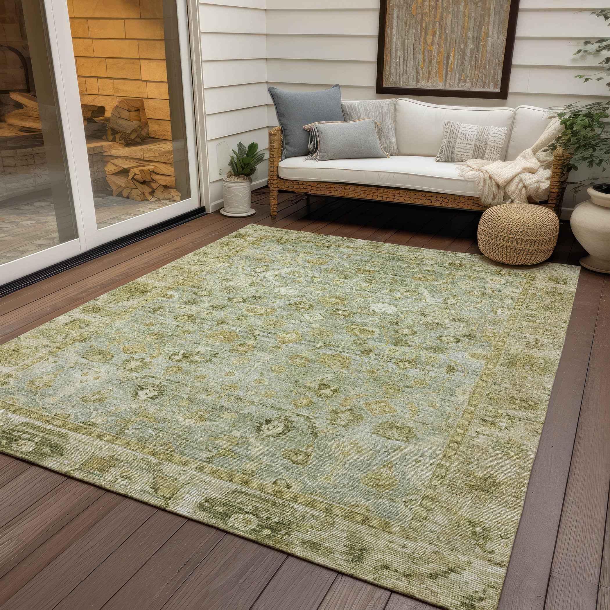 3' X 5' Sage And Ivory Oriental Washable Indoor Outdoor Area Rug