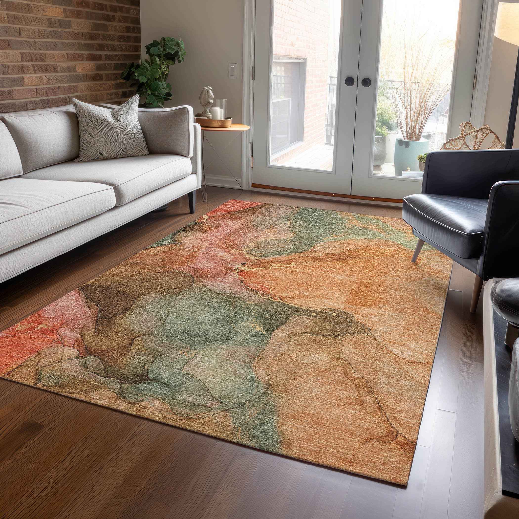 3' X 5' Coral Brown And Mint Green Abstract Washable Indoor Outdoor Area Rug