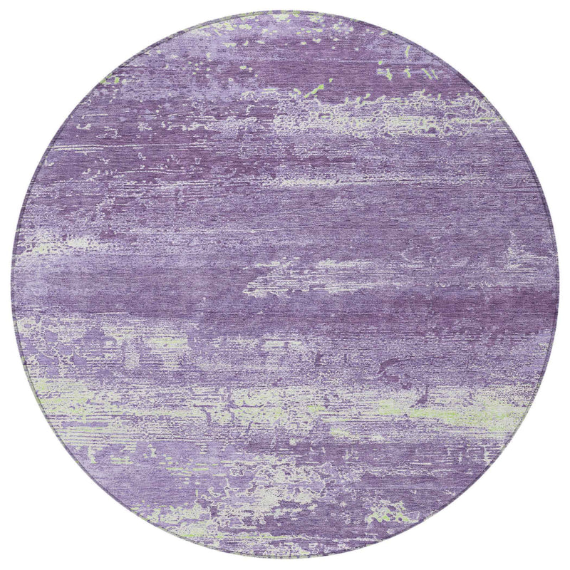 8' Purple And Ivory Round Abstract Washable Indoor Outdoor Area Rug