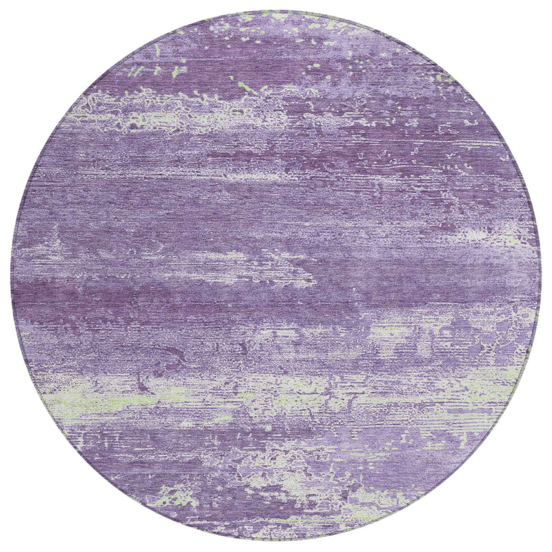 8' Purple And Ivory Round Abstract Washable Indoor Outdoor Area Rug
