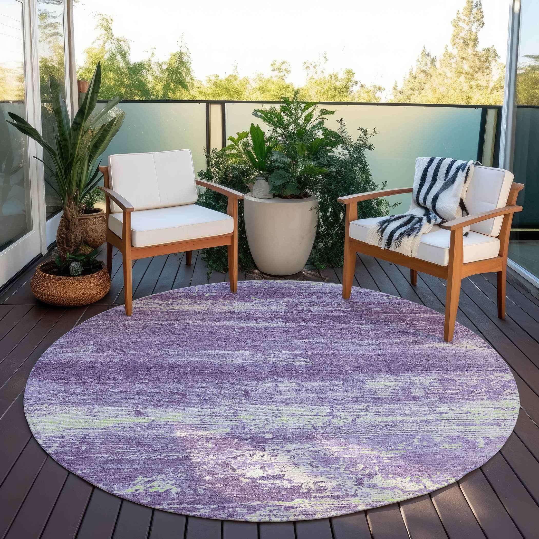 8' Purple And Ivory Round Abstract Washable Indoor Outdoor Area Rug