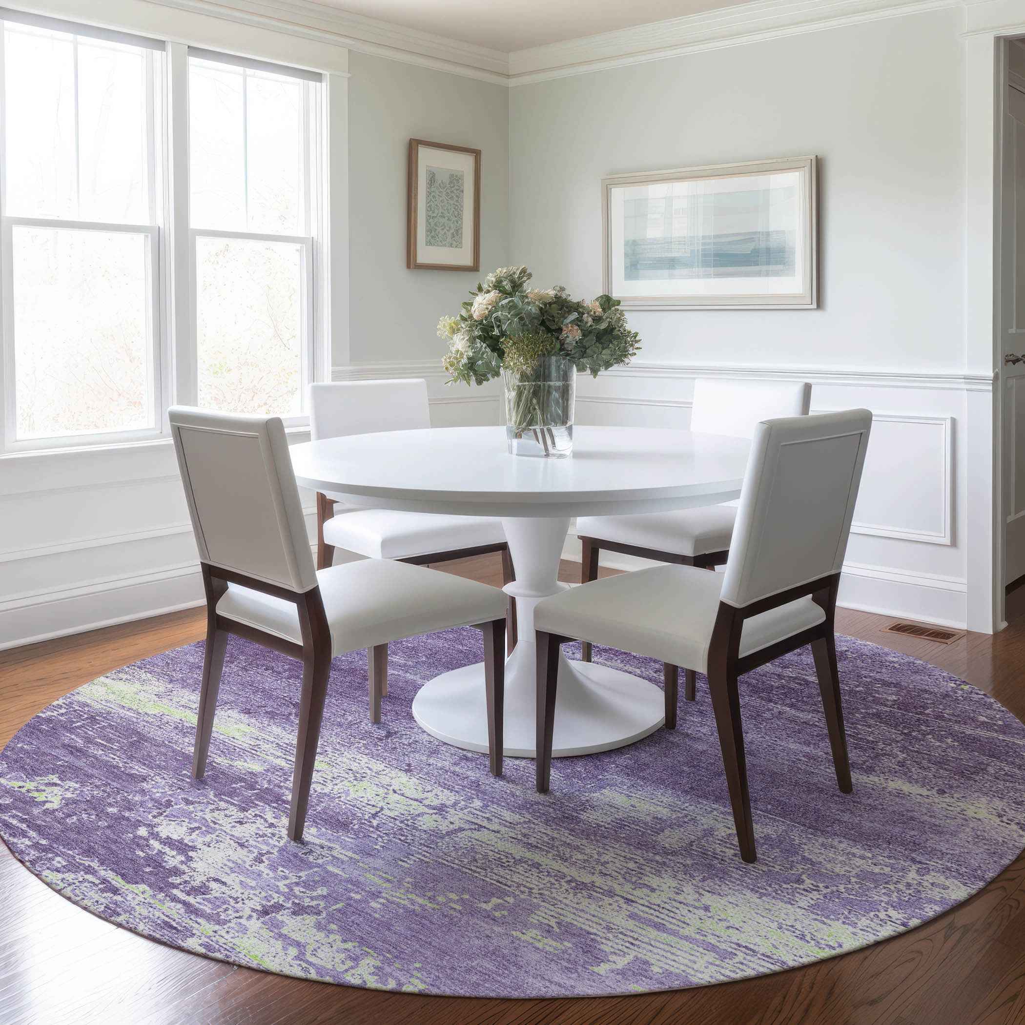 8' Purple And Ivory Round Abstract Washable Indoor Outdoor Area Rug