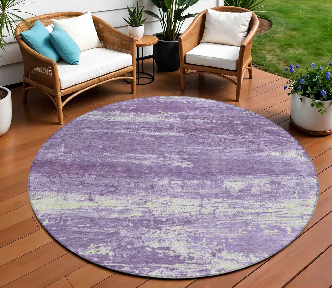 8' Purple And Ivory Round Abstract Washable Indoor Outdoor Area Rug