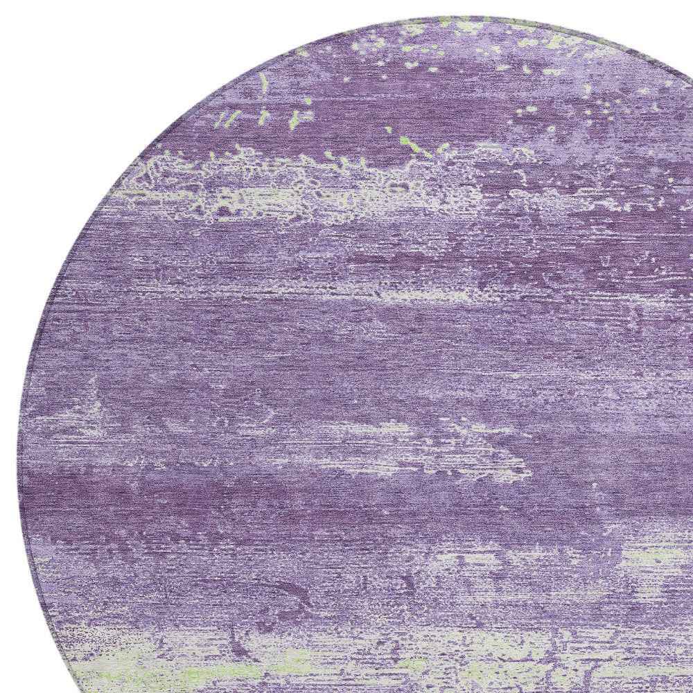 8' Purple And Ivory Round Abstract Washable Indoor Outdoor Area Rug