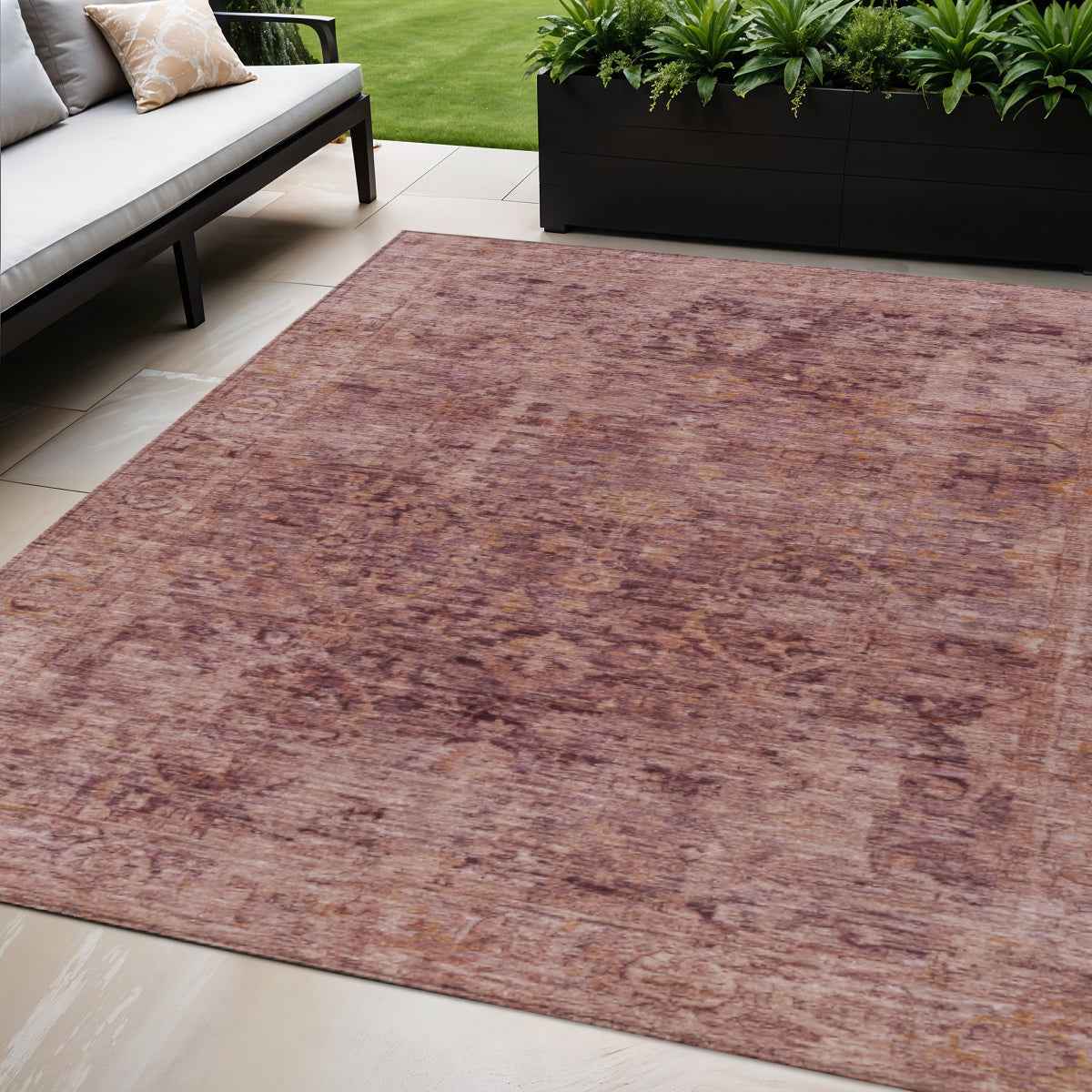 5' X 8' Merlot And Blush Abstract Washable Indoor Outdoor Area Rug