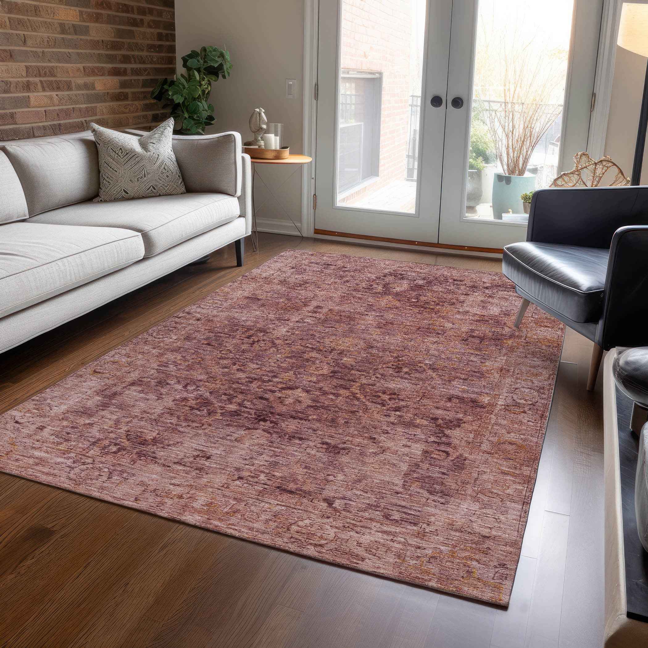 5' X 8' Merlot And Blush Abstract Washable Indoor Outdoor Area Rug
