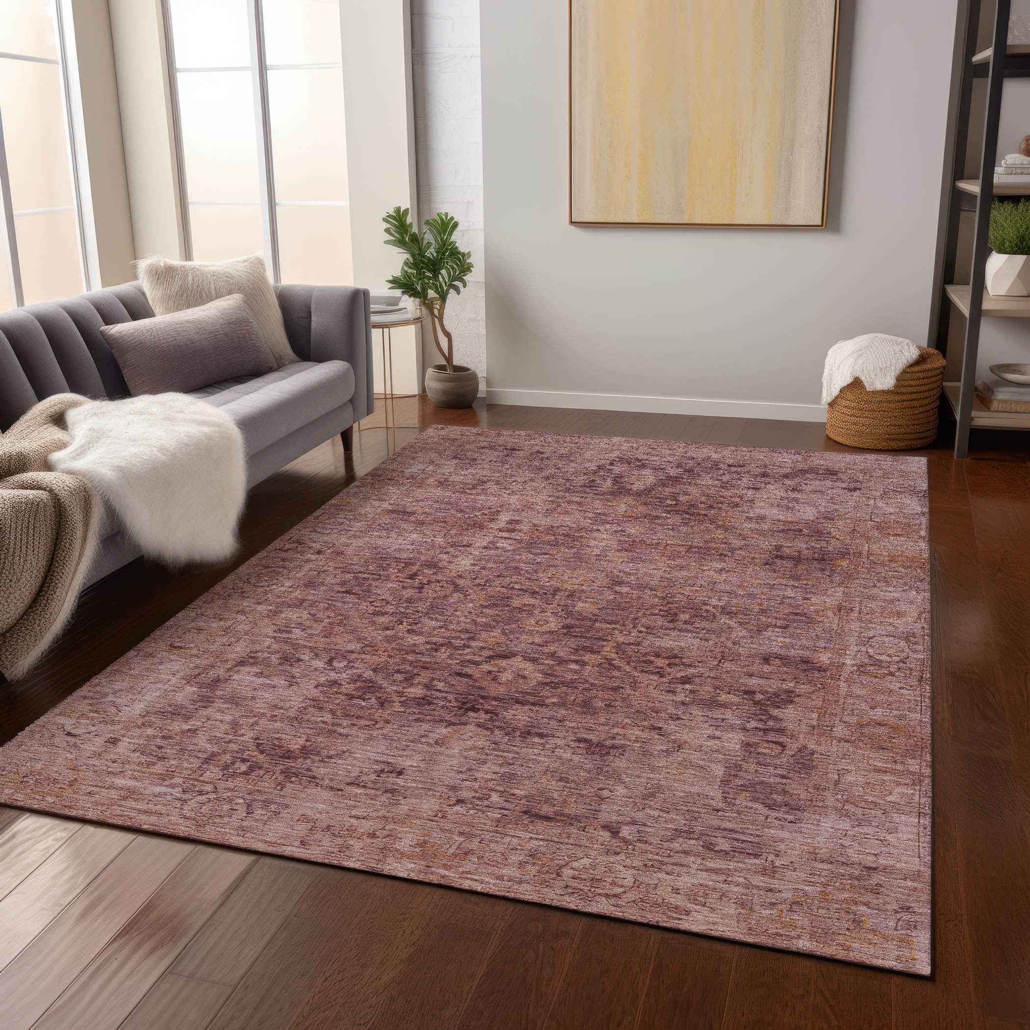 5' X 8' Merlot And Blush Abstract Washable Indoor Outdoor Area Rug
