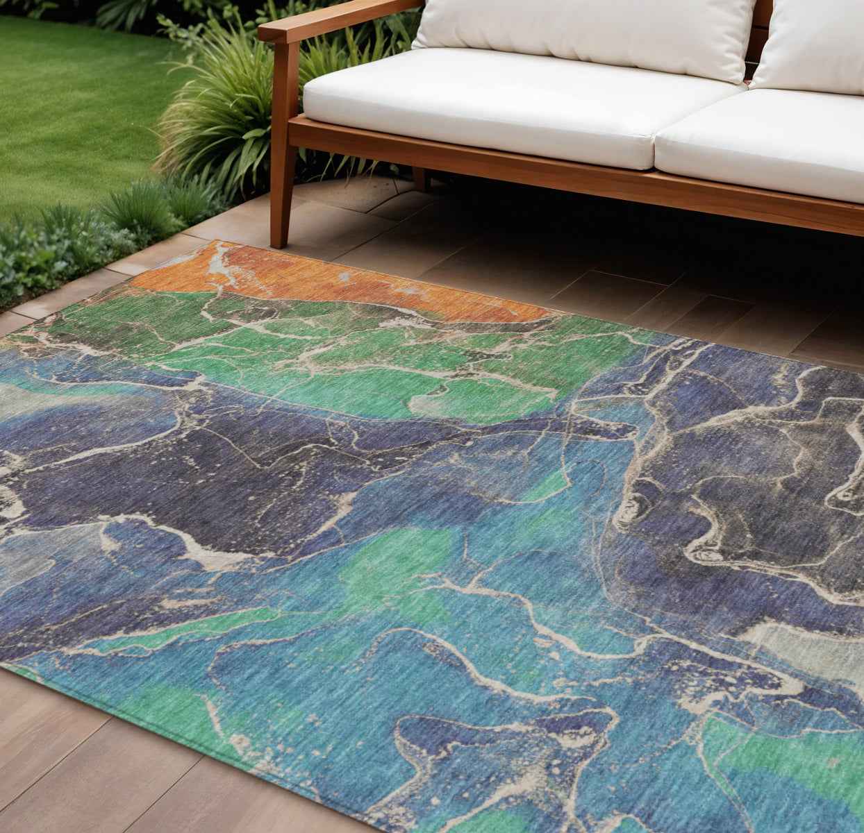 9' X 12' Blue Green And Orange Abstract Washable Indoor Outdoor Area Rug