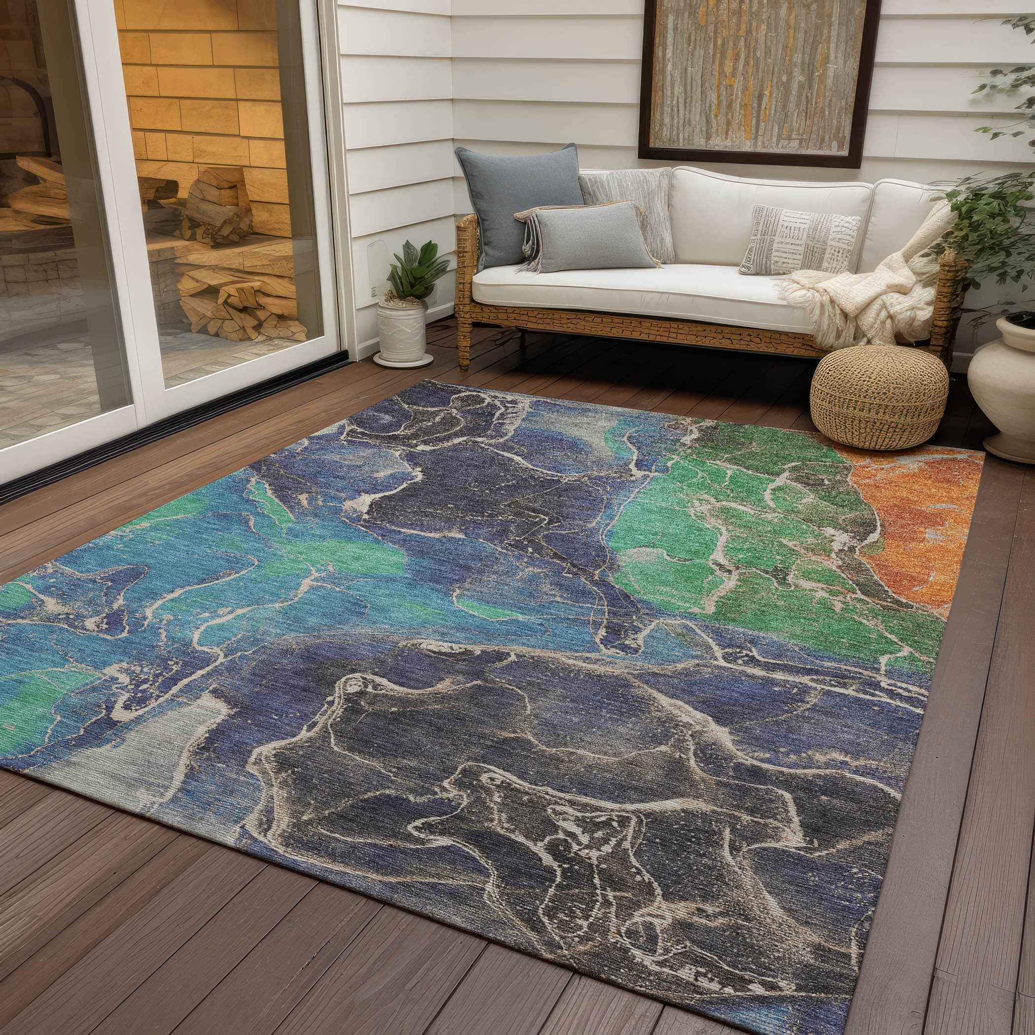 9' X 12' Blue Green And Orange Abstract Washable Indoor Outdoor Area Rug