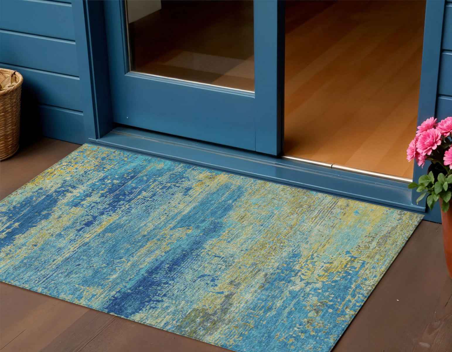 3' X 5' Navy Blue Sky Blue And Olive Green Abstract Washable Indoor Outdoor Area Rug