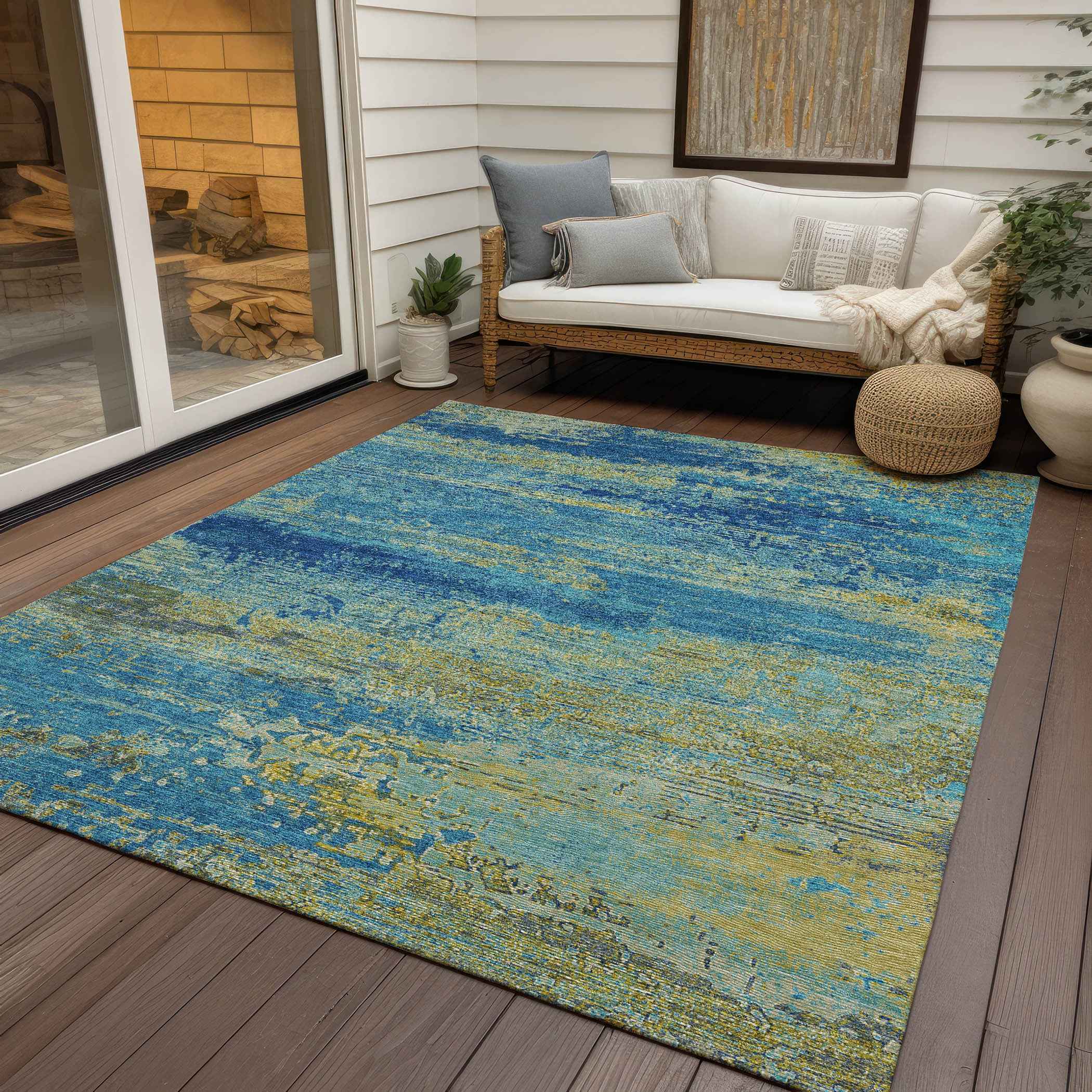 3' X 5' Navy Blue Sky Blue And Olive Green Abstract Washable Indoor Outdoor Area Rug