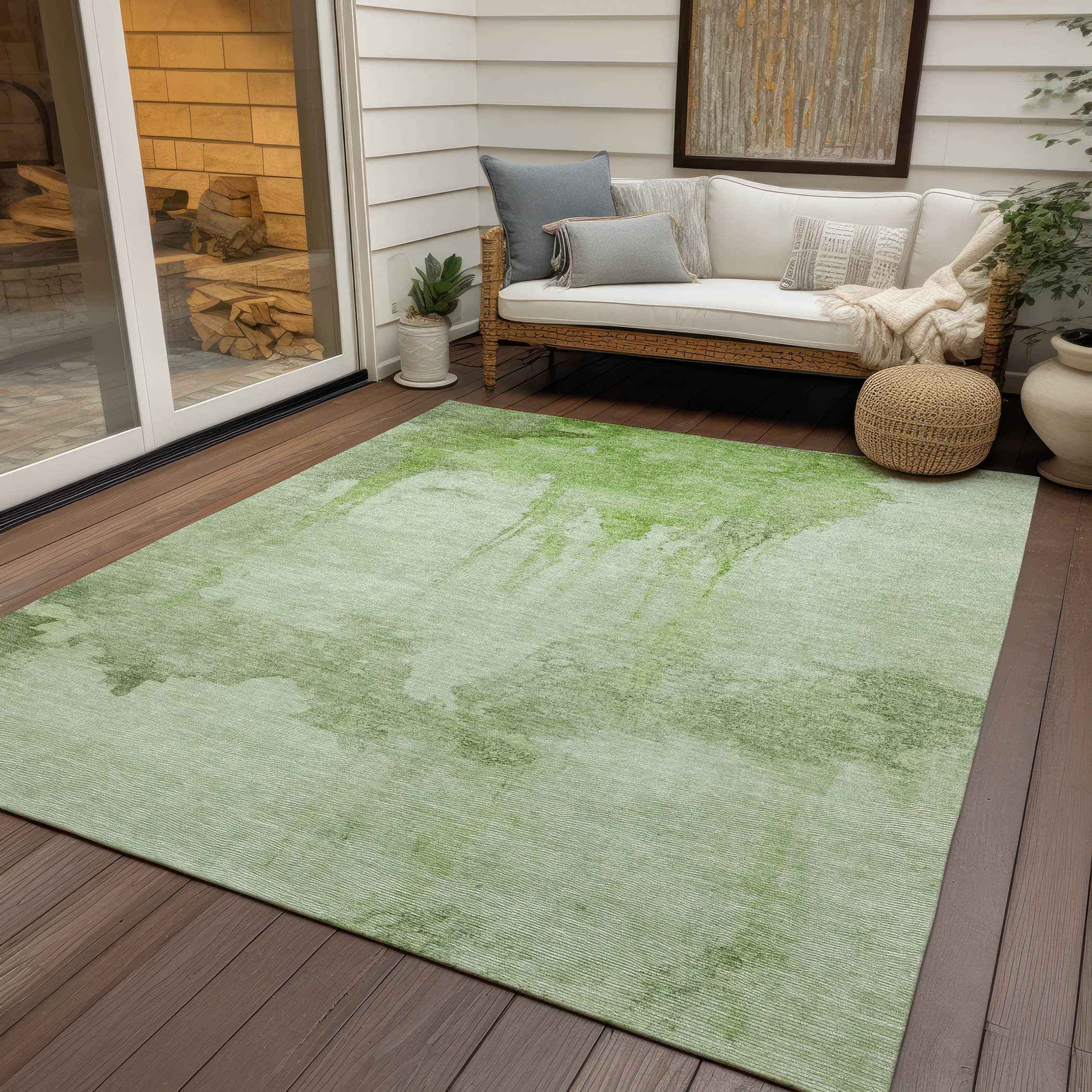 3' X 5' Artichoke Green And Ivory Abstract Washable Indoor Outdoor Area Rug