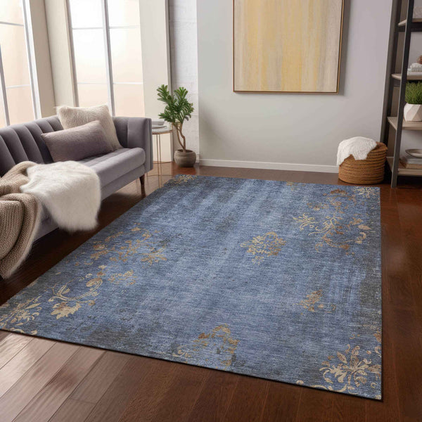 10' X 14' Denim Blue And Beige Floral Washable Indoor Outdoor Area Rug