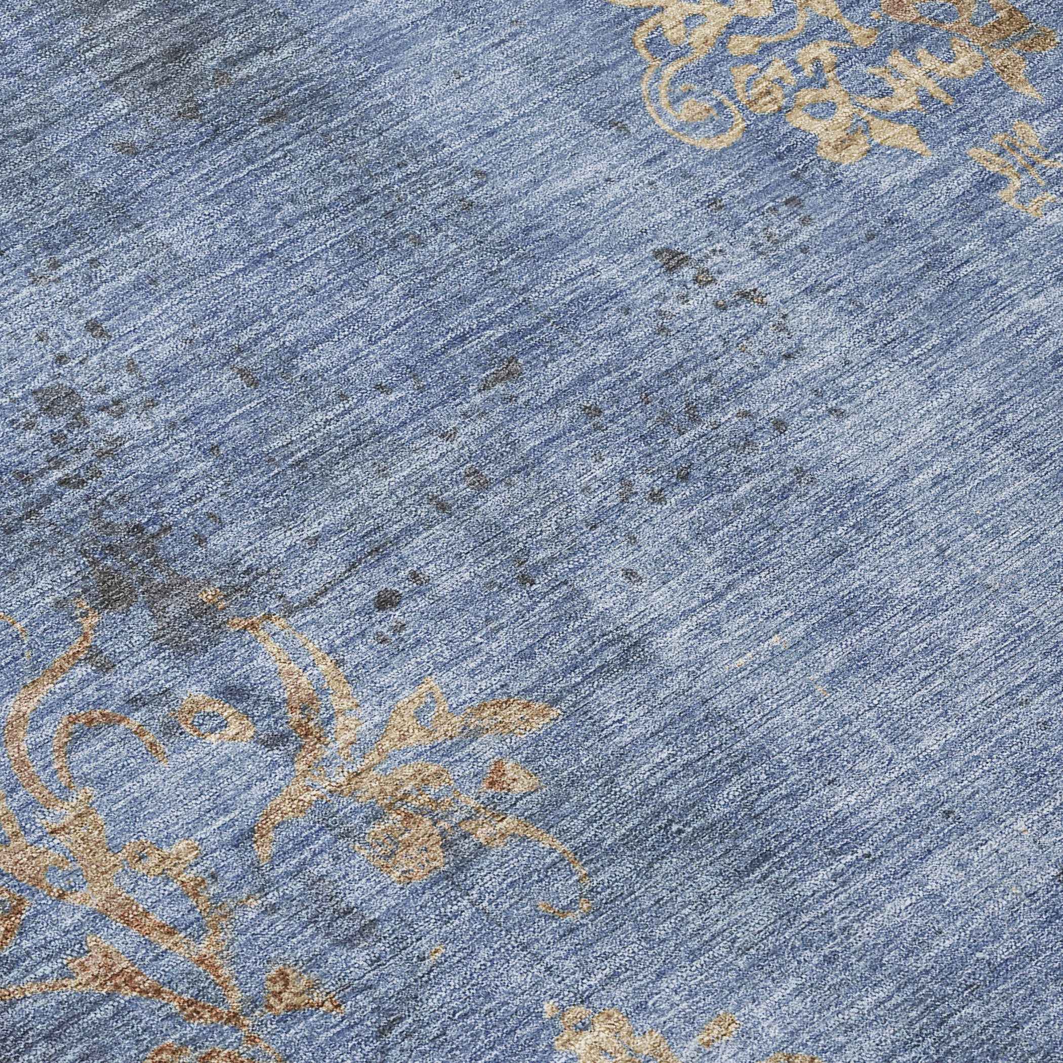 10' X 14' Denim Blue And Beige Floral Washable Indoor Outdoor Area Rug