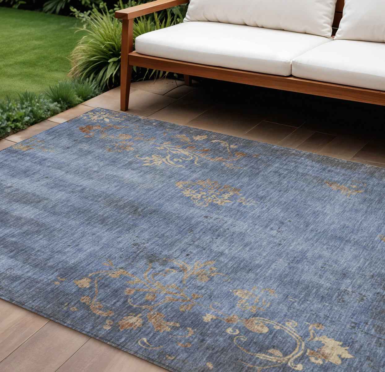 10' X 14' Denim Blue And Beige Floral Washable Indoor Outdoor Area Rug