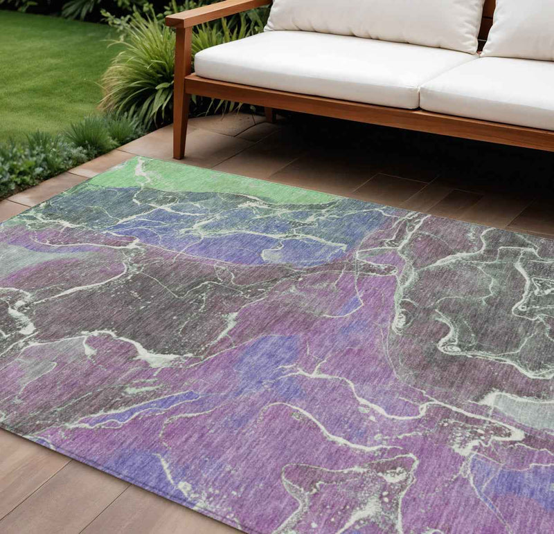 10' X 14' Purple Gray And Mint Green Abstract Washable Indoor Outdoor Area Rug