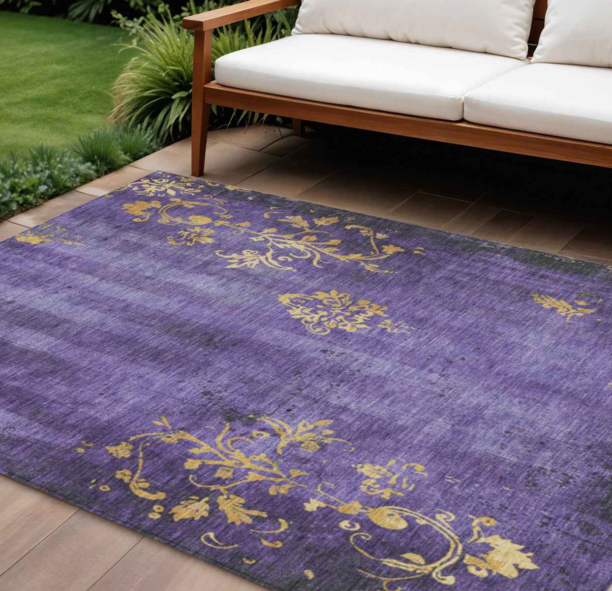 8' X 10' Purple And Gold Floral Washable Indoor Outdoor Area Rug