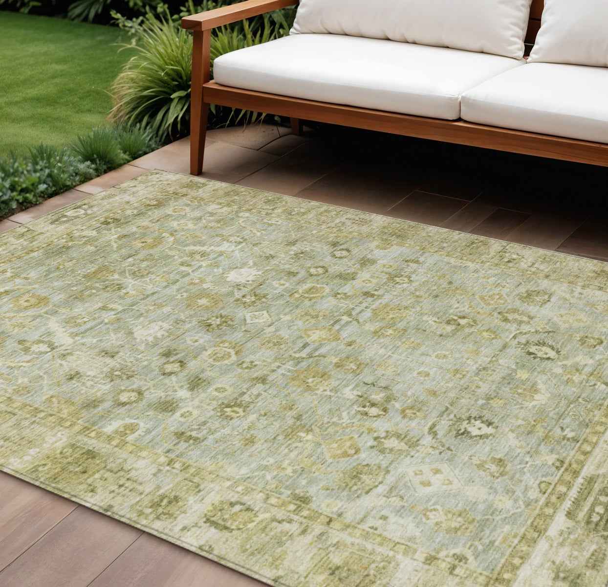 8' X 10' Sage And Ivory Oriental Washable Indoor Outdoor Area Rug