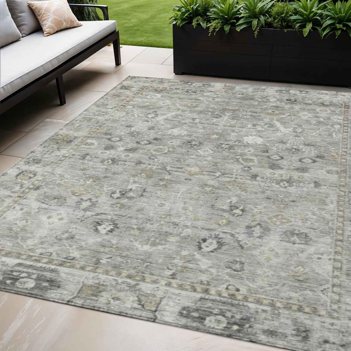 5' X 8' Pewter Beige And Ivory Oriental Washable Indoor Outdoor Area Rug