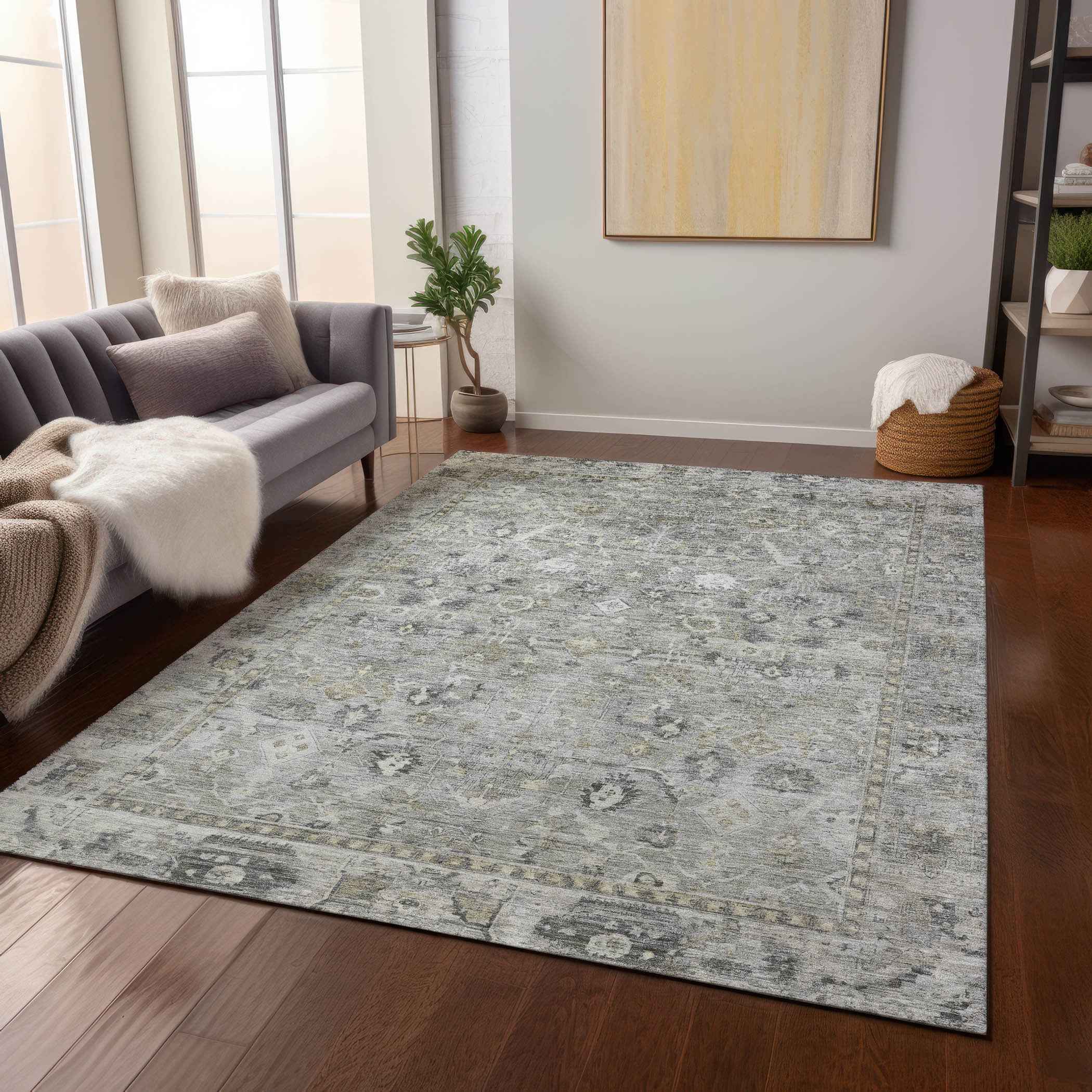 5' X 8' Pewter Beige And Ivory Oriental Washable Indoor Outdoor Area Rug