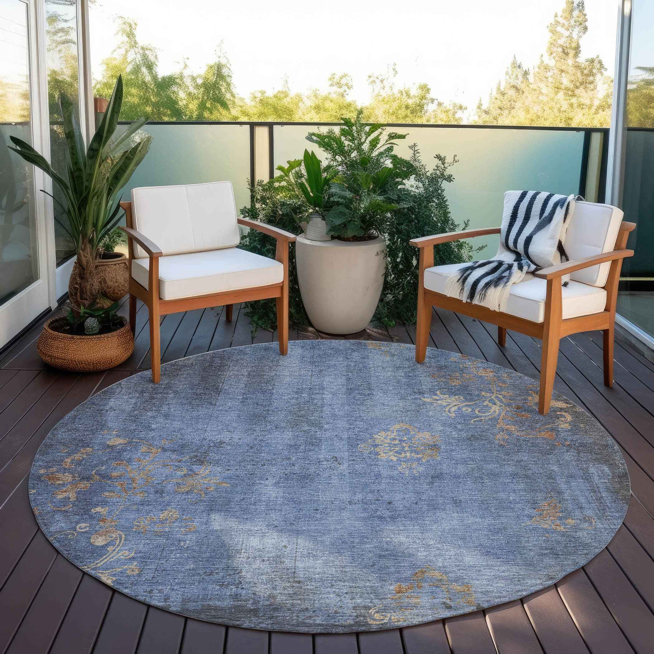 8' Denim Blue And Beige Round Floral Washable Indoor Outdoor Area Rug