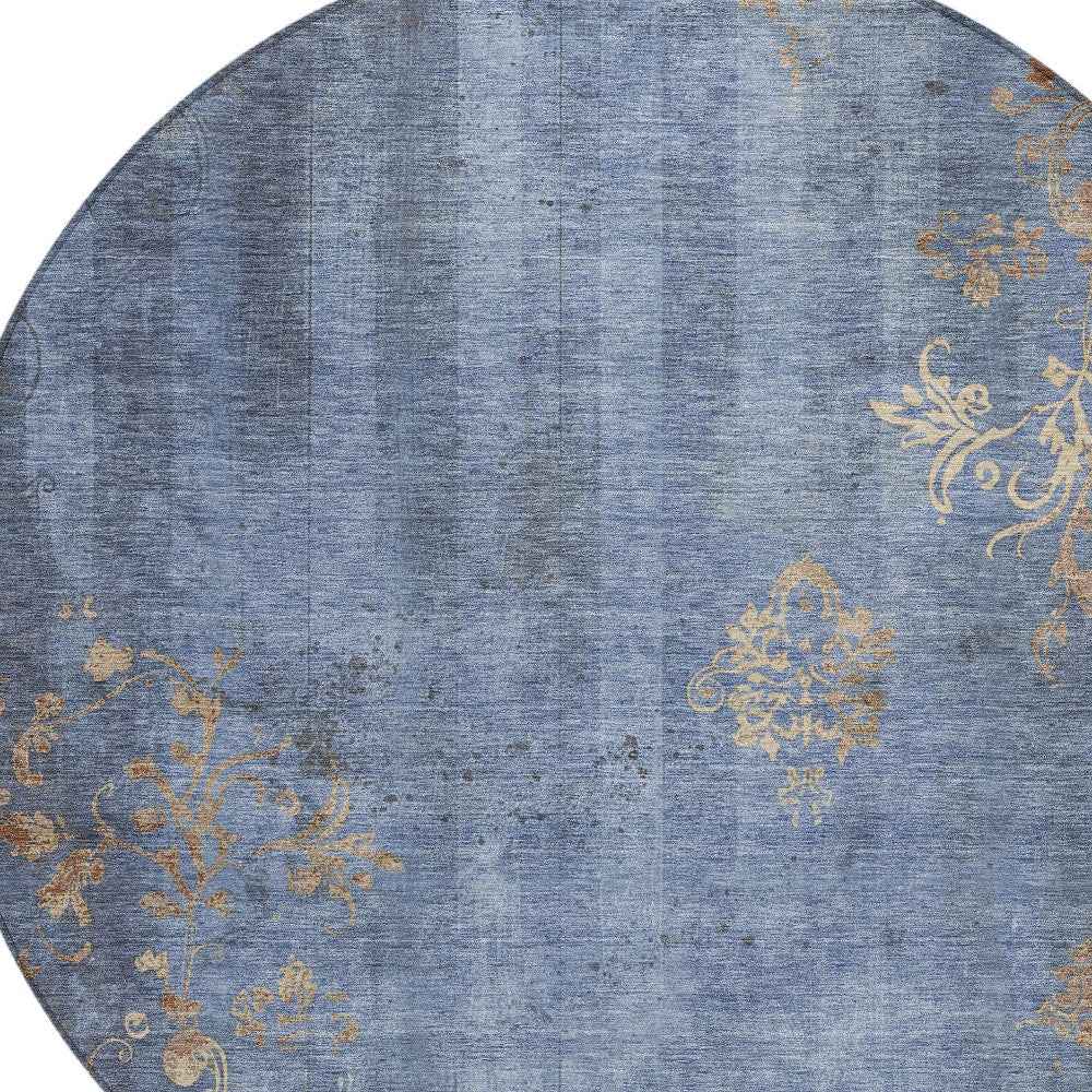 8' Denim Blue And Beige Round Floral Washable Indoor Outdoor Area Rug