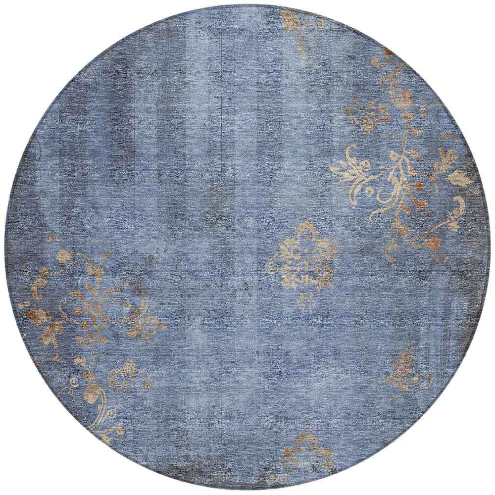 8' Denim Blue And Beige Round Floral Washable Indoor Outdoor Area Rug