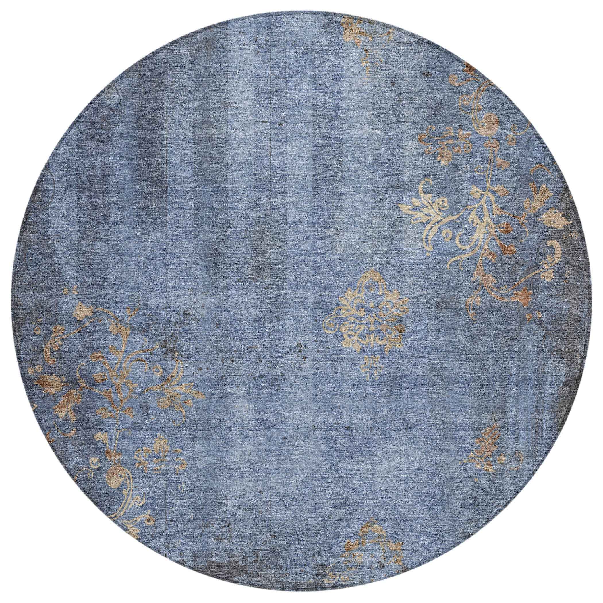 8' Denim Blue And Beige Round Floral Washable Indoor Outdoor Area Rug