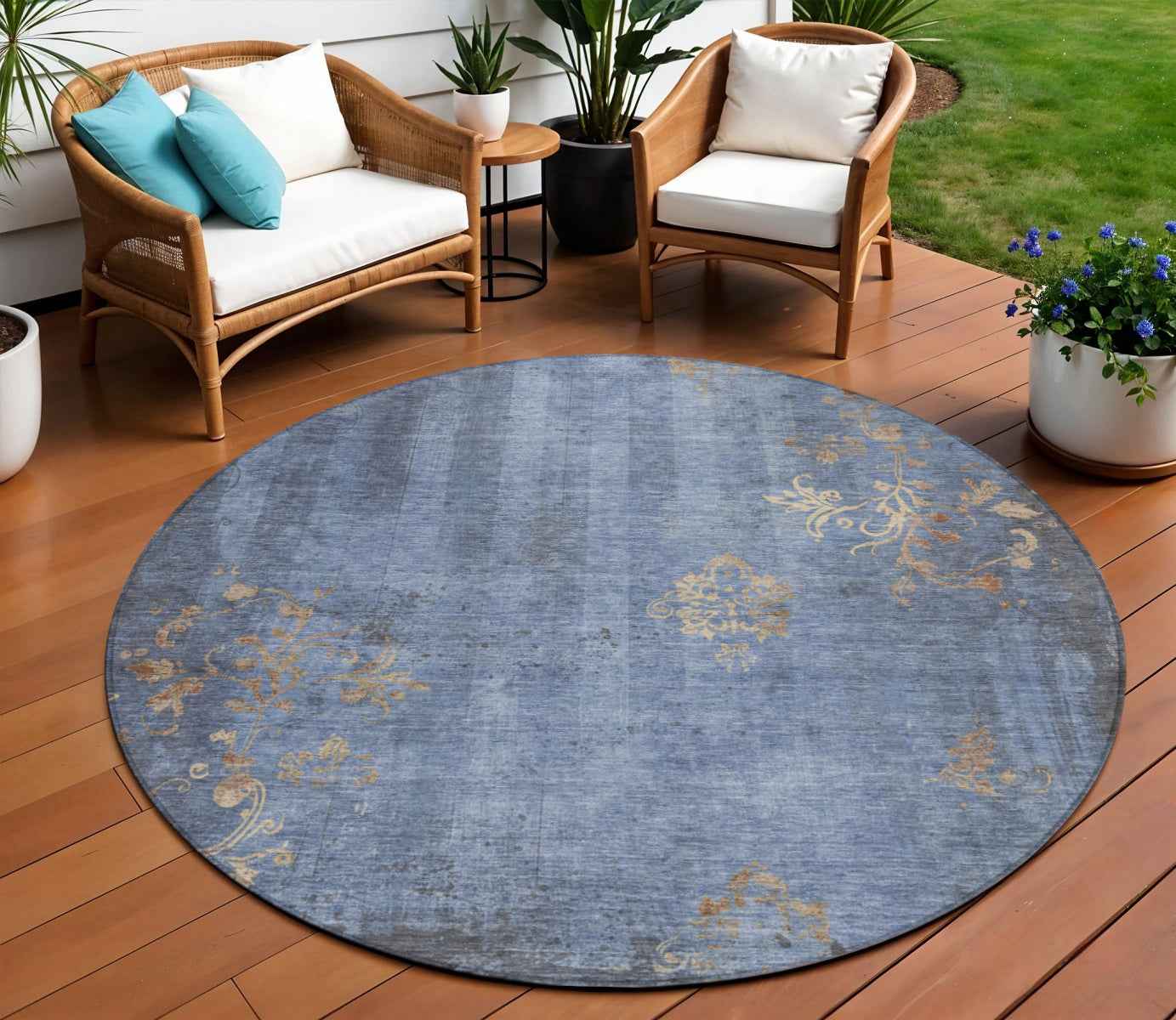 8' Denim Blue And Beige Round Floral Washable Indoor Outdoor Area Rug