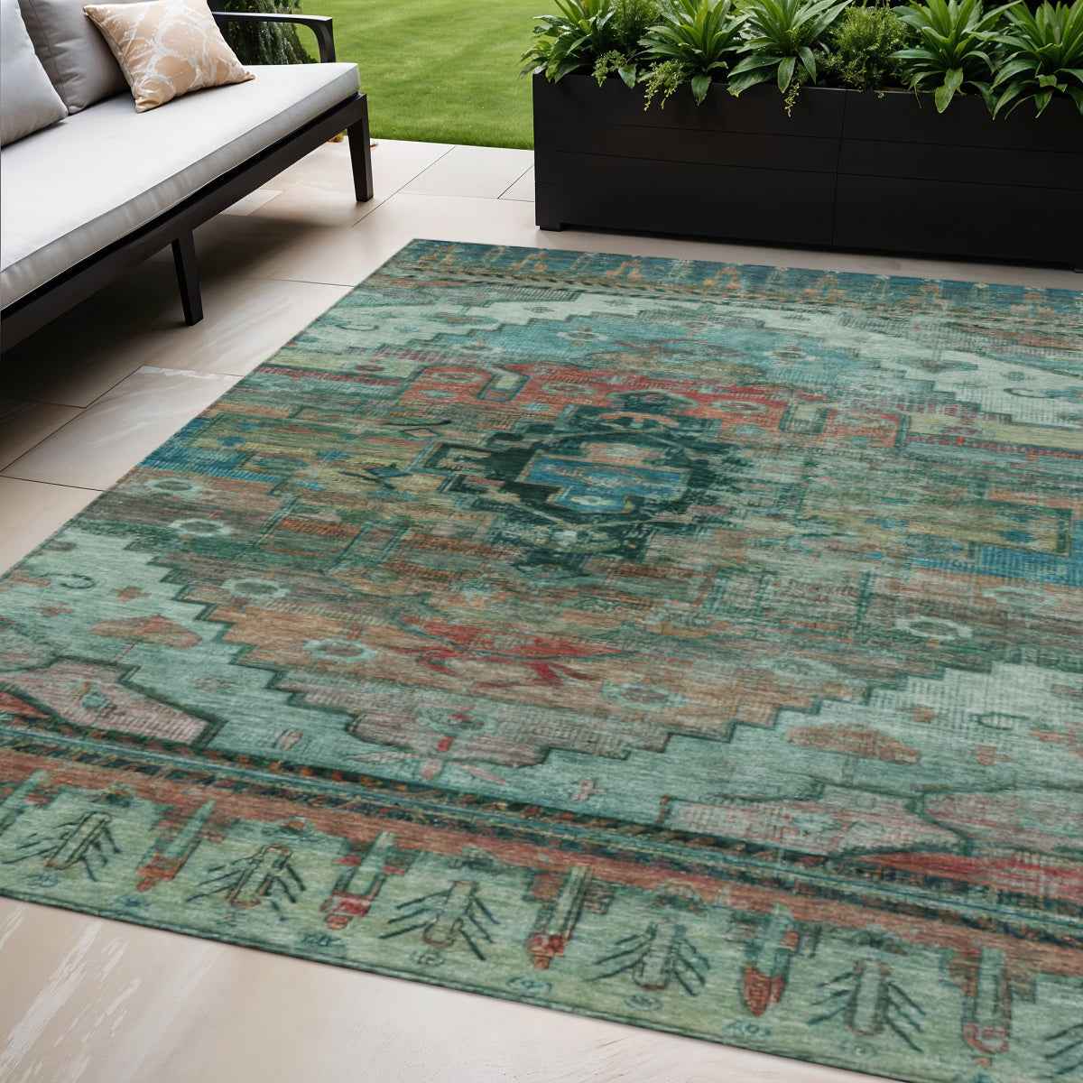 5' X 8' Teal Blue Copper And Gold Tribal Washable Indoor Outdoor Area Rug