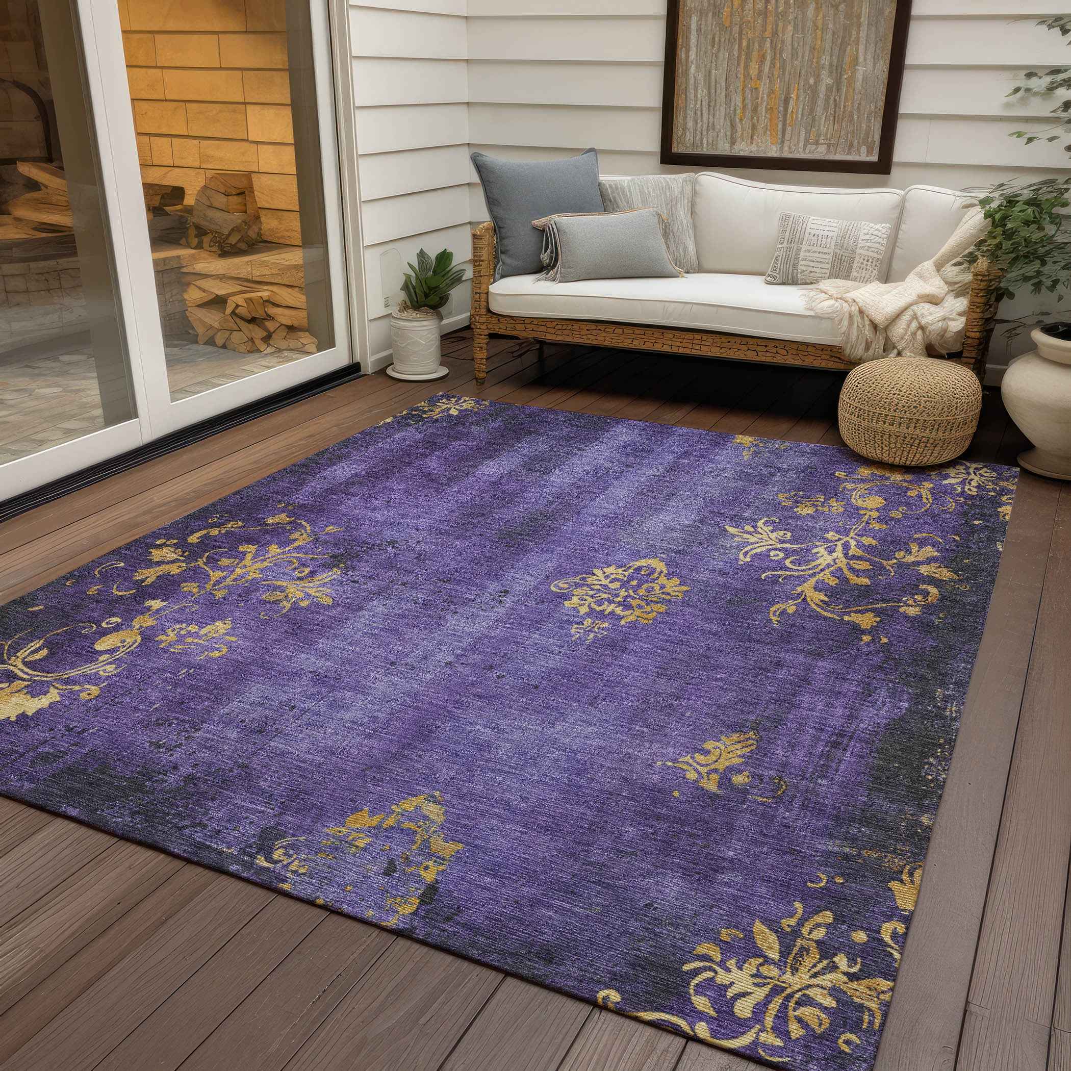 3' X 5' Purple And Gold Floral Washable Indoor Outdoor Area Rug