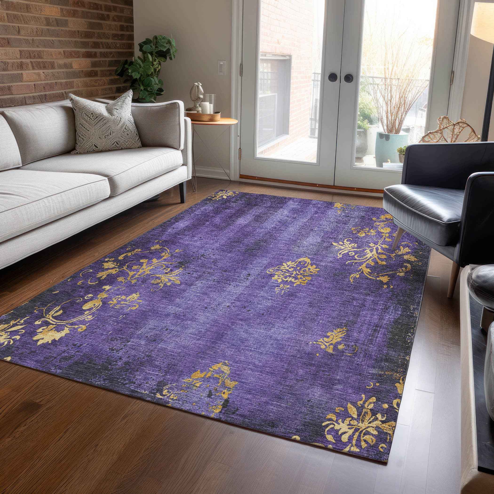 3' X 5' Purple And Gold Floral Washable Indoor Outdoor Area Rug