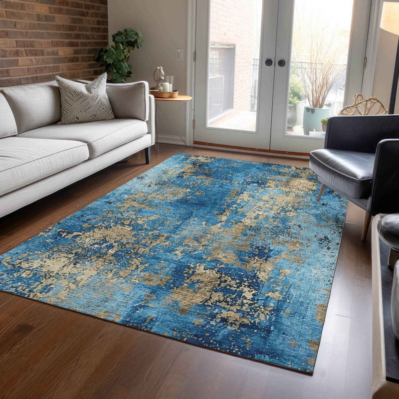 5' X 8' Blue And Beige Abstract Washable Indoor Outdoor Area Rug