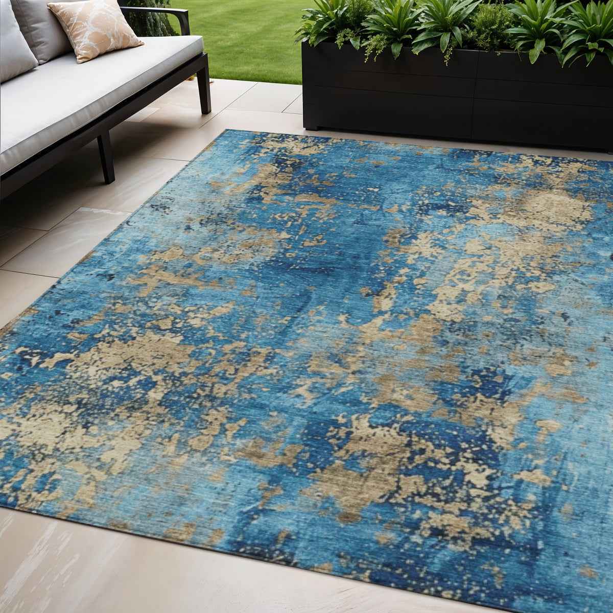 5' X 8' Blue And Beige Abstract Washable Indoor Outdoor Area Rug