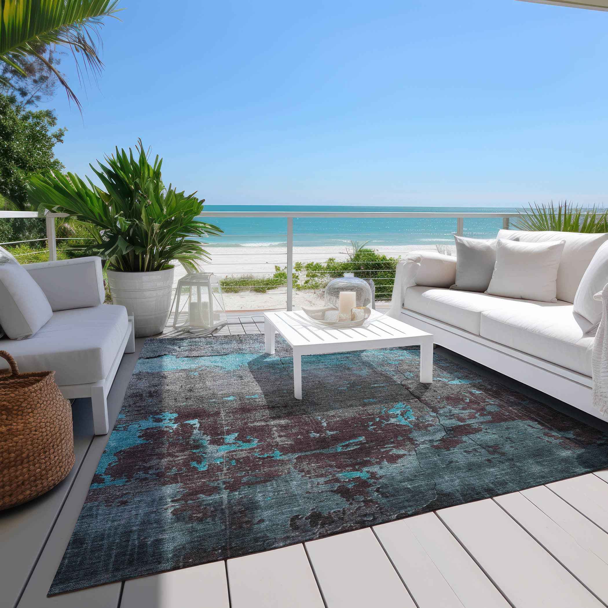 9' X 12' Teal Blue Gray And Taupe Abstract Washable Indoor Outdoor Area Rug