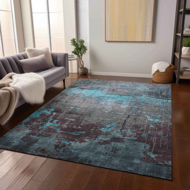 9' X 12' Teal Blue Gray And Taupe Abstract Washable Indoor Outdoor Area Rug
