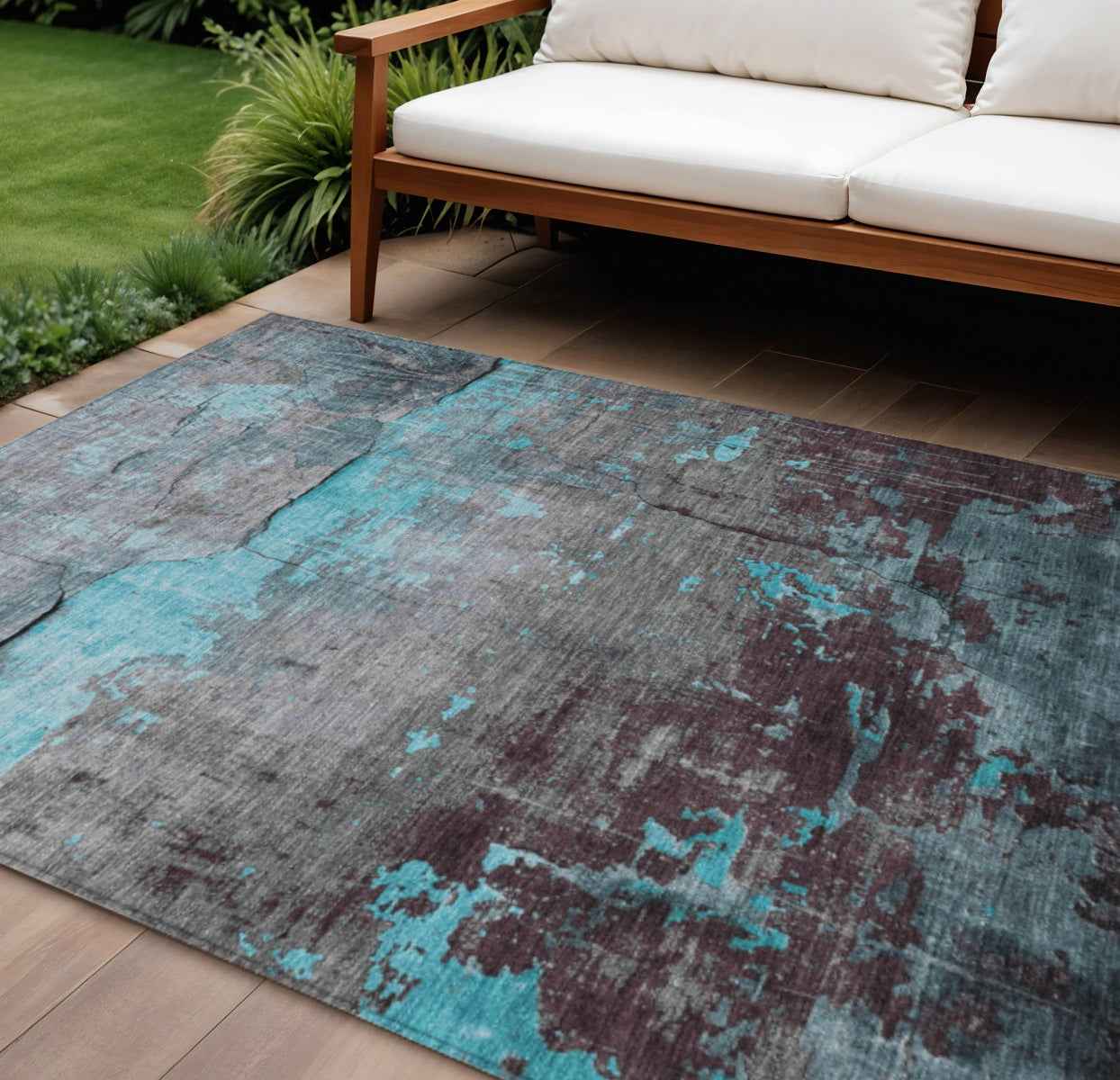 9' X 12' Teal Blue Gray And Taupe Abstract Washable Indoor Outdoor Area Rug