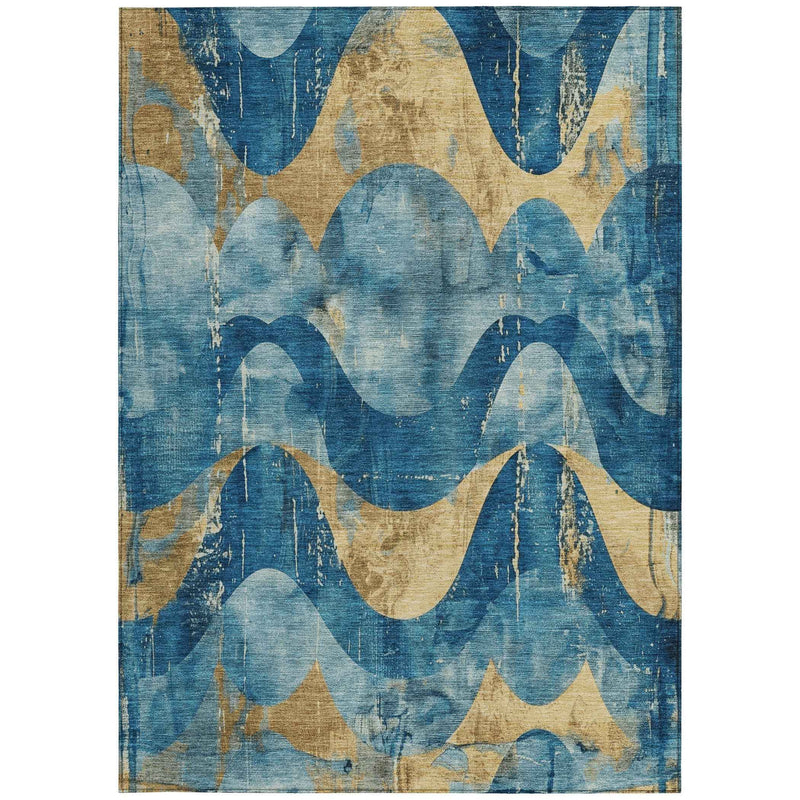 3' X 5' Teal Blue And Gold Abstract Washable Indoor Outdoor Area Rug