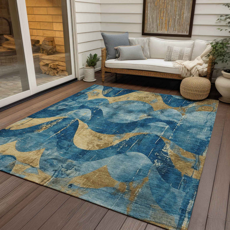 3' X 5' Teal Blue And Gold Abstract Washable Indoor Outdoor Area Rug