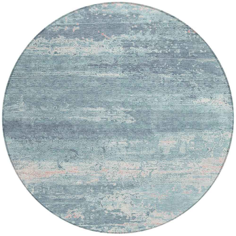 8' Teal Blue And Ivory Round Abstract Washable Indoor Outdoor Area Rug