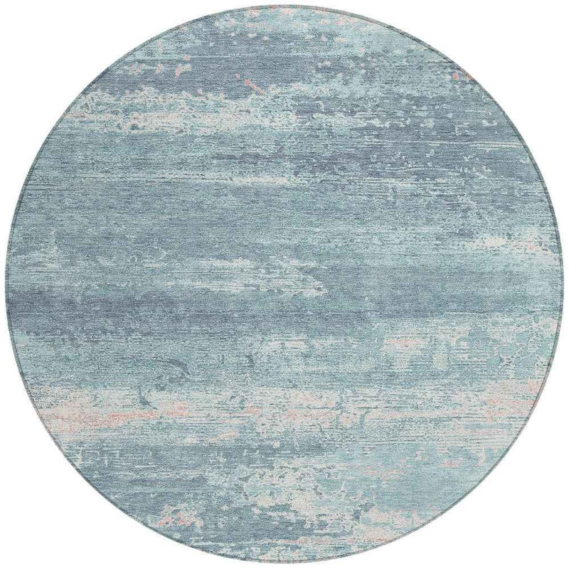 8' Teal Blue And Ivory Round Abstract Washable Indoor Outdoor Area Rug