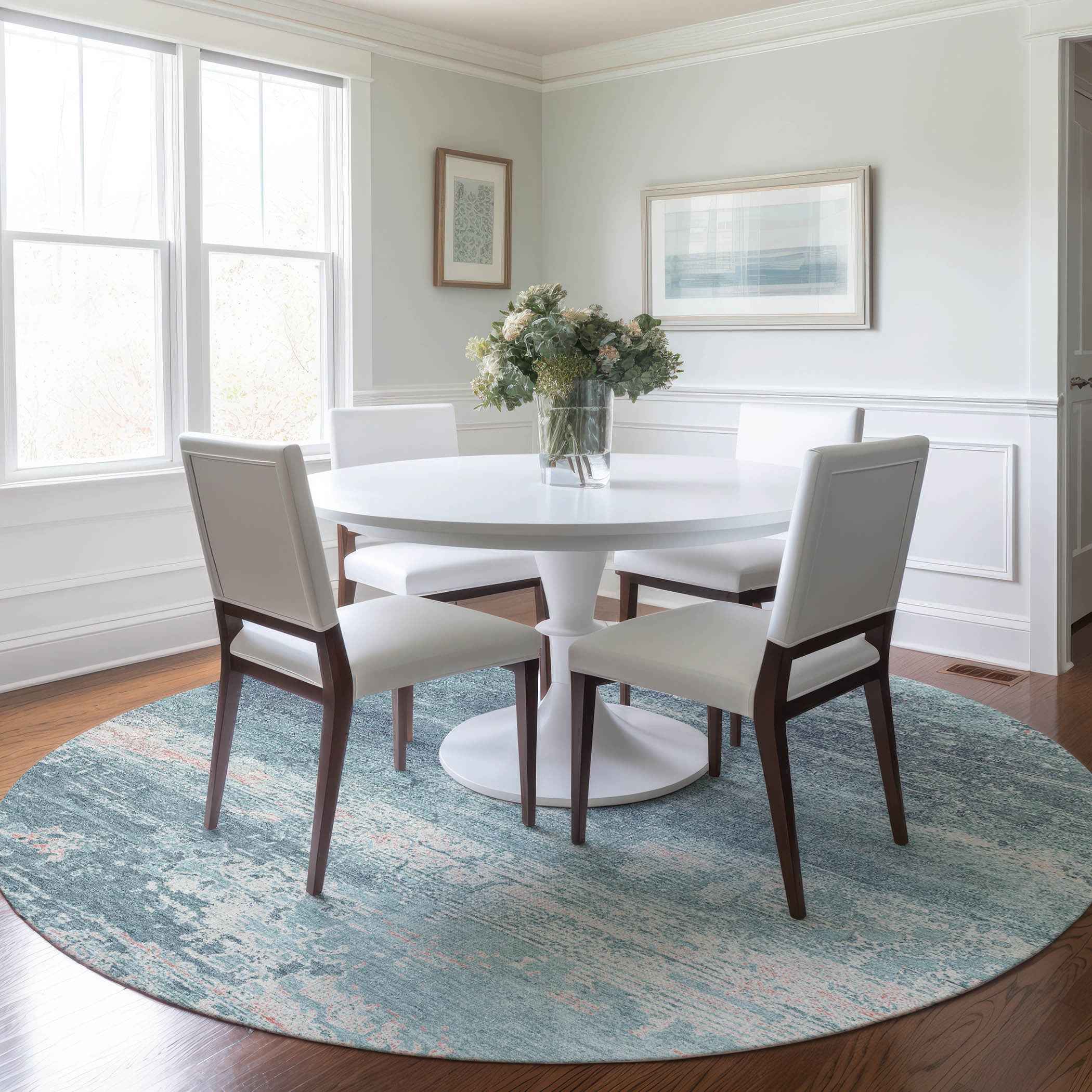 8' Teal Blue And Ivory Round Abstract Washable Indoor Outdoor Area Rug