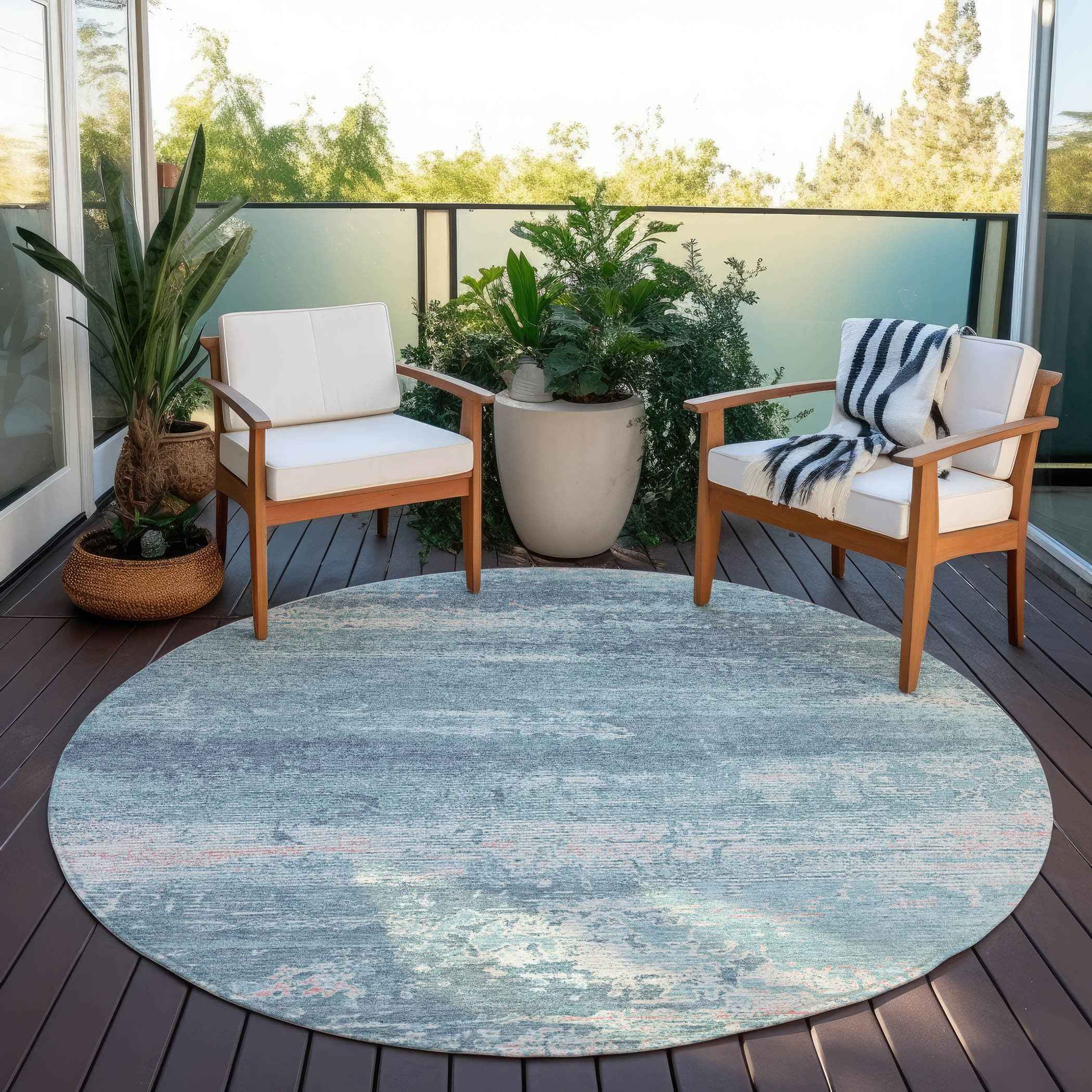 8' Teal Blue And Ivory Round Abstract Washable Indoor Outdoor Area Rug