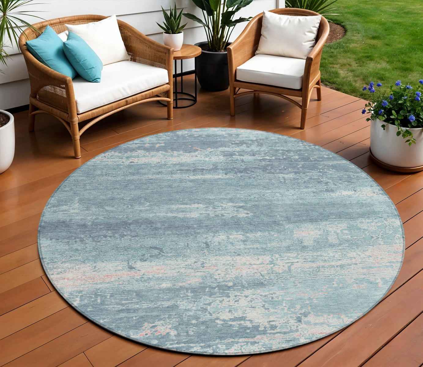 8' Teal Blue And Ivory Round Abstract Washable Indoor Outdoor Area Rug