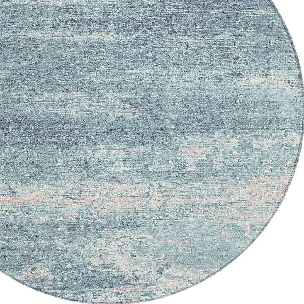 8' Teal Blue And Ivory Round Abstract Washable Indoor Outdoor Area Rug