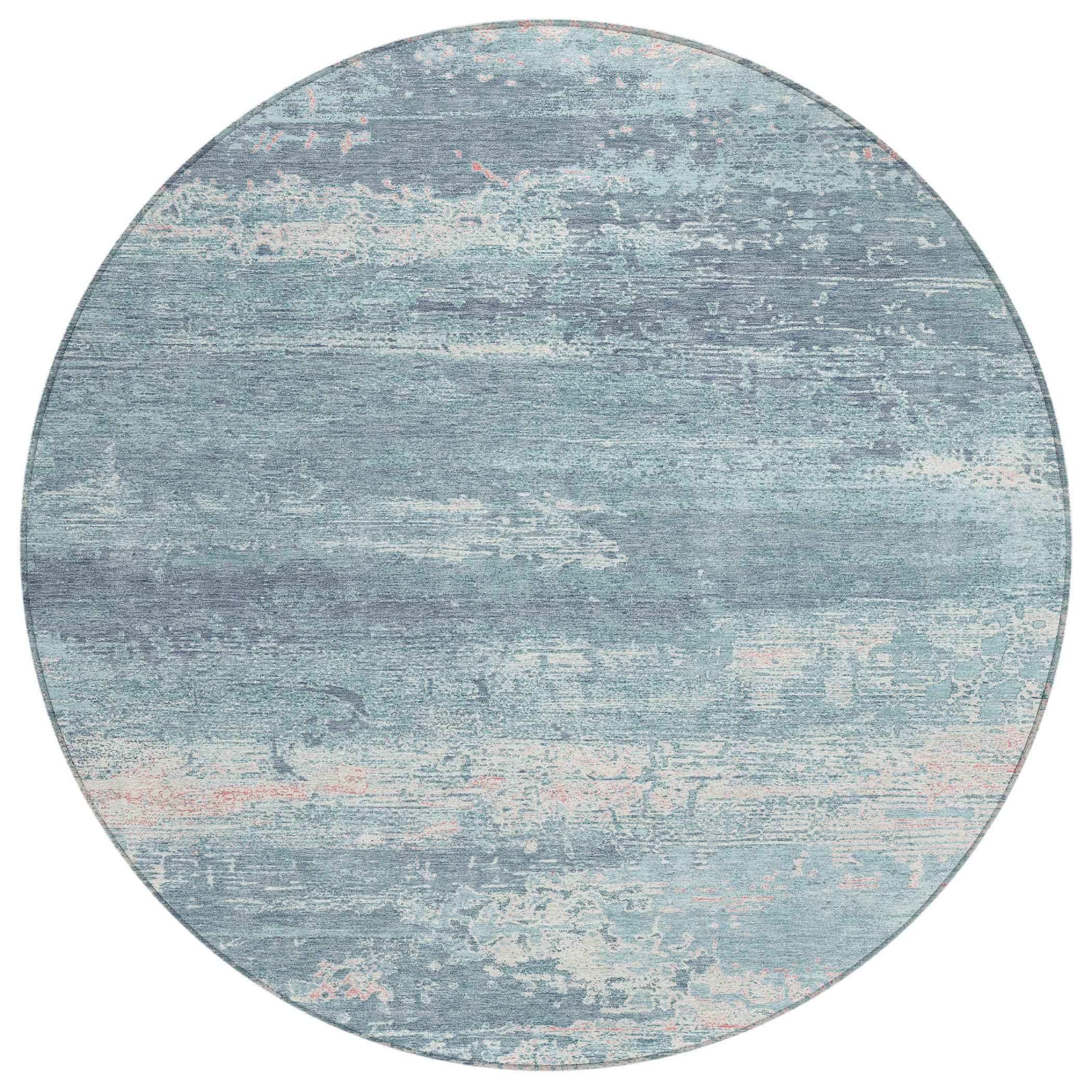 8' Teal Blue And Ivory Round Abstract Washable Indoor Outdoor Area Rug