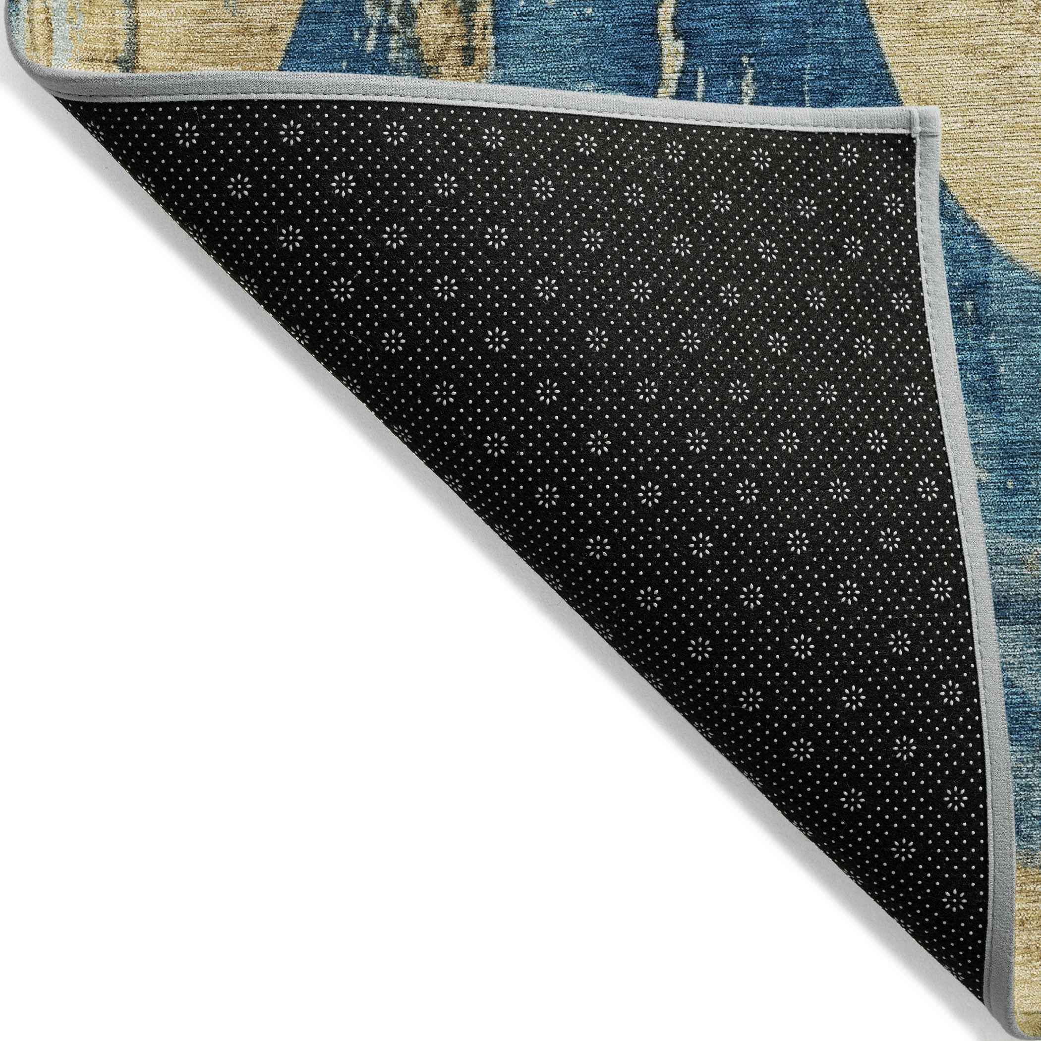 9' X 12' Teal Blue And Gold Abstract Washable Indoor Outdoor Area Rug