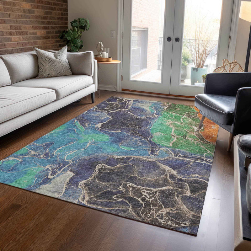 10' X 14' Blue Green And Orange Abstract Washable Indoor Outdoor Area Rug